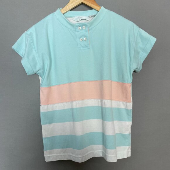 Vintage 80s Shirt Striped FLAWS Pastel Short Sleeves Button Collar Women Retro - Picture 1 of 12